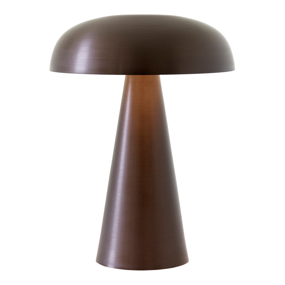 Sleek brown lamp with a glossy dome shade and a conical base, showcasing modern minimalist design.