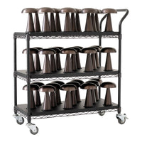 Black metal cart with three shelves, showcasing sleek, brown mushroom-shaped stools in a repetitive pattern.