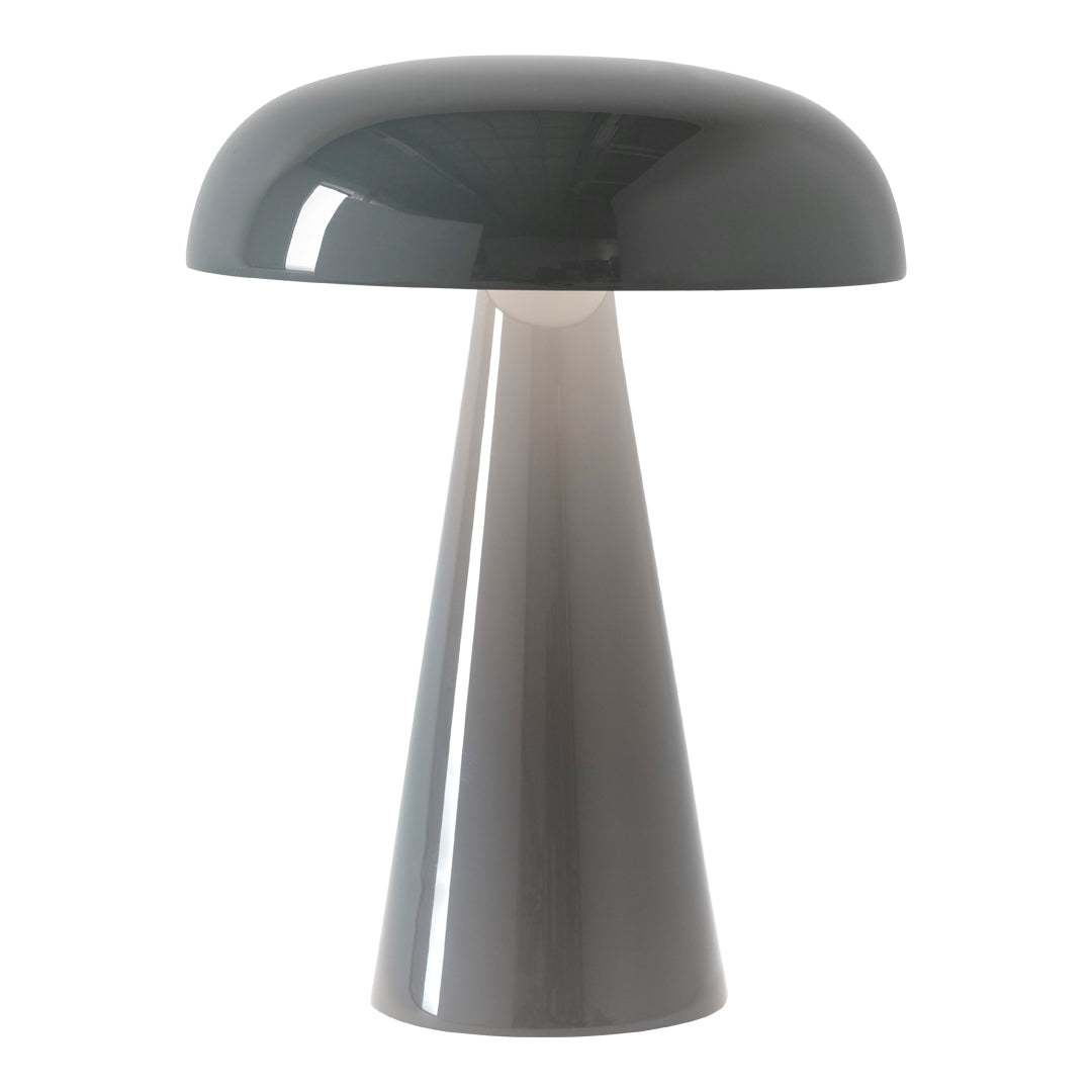 Modern gray table lamp with a smooth, glossy finish and a sleek, minimalist design. Ideal for contemporary decor.