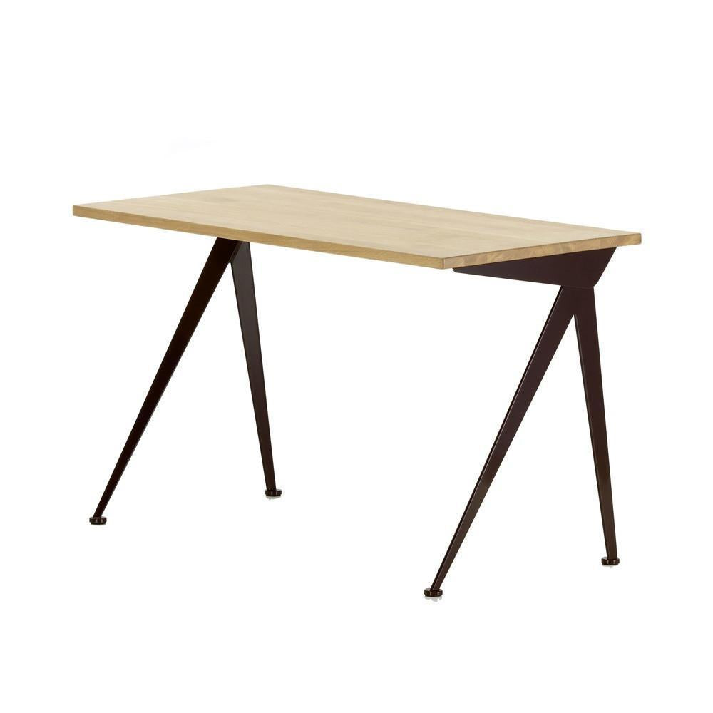 Light wood tabletop with sleek black metal legs, featuring a minimalist design and angular patterns.