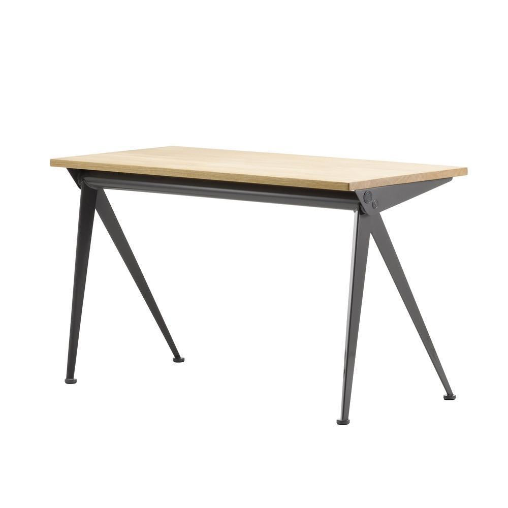 Light wood tabletop with sleek black metal legs, featuring a modern minimalist design. Ideal for contemporary spaces.