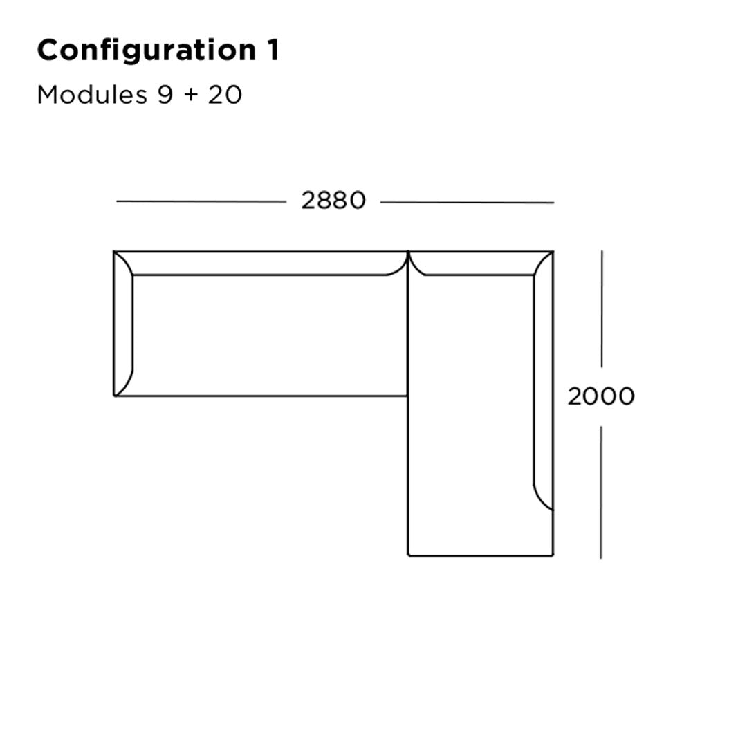 L-shaped sofa configuration blueprint with measurements, showcasing a minimalist design and clean lines.