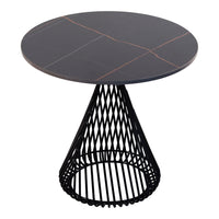 Black round table with gold veining and a wireframe cone base, featuring a modern geometric pattern.
