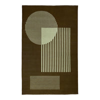 Geometric area rug featuring earthy brown tones with light green circular and striped patterns.