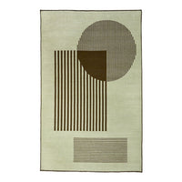 Abstract rug featuring neutral tones with brown stripes and geometric shapes in a modern design. Perfect for contemporary decor.