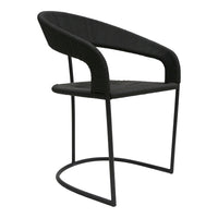 Black woven chair with a sleek metal base, featuring a contemporary curved design and smooth texture.