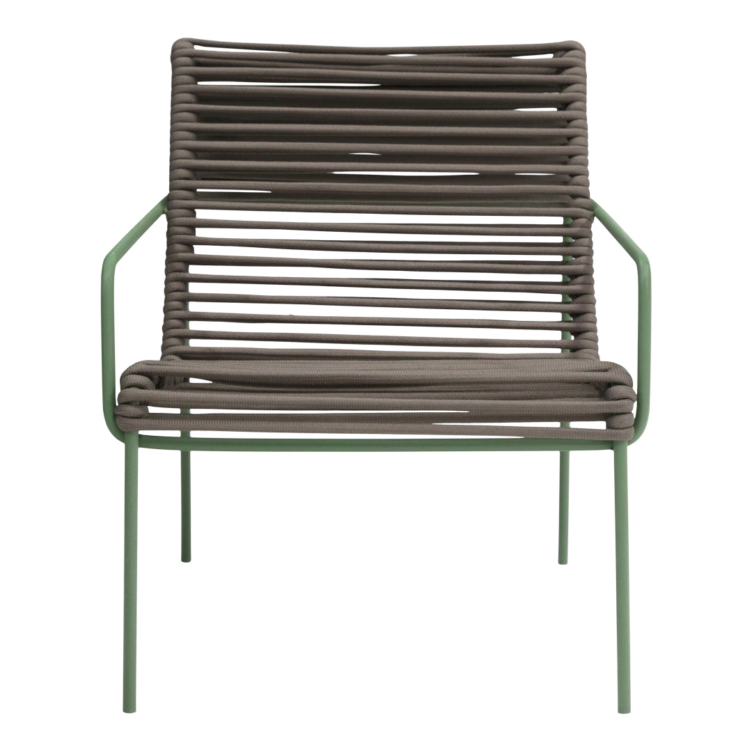 Stylish lounge chair featuring brown horizontal stripes and a green metal frame, perfect for modern outdoor decor.