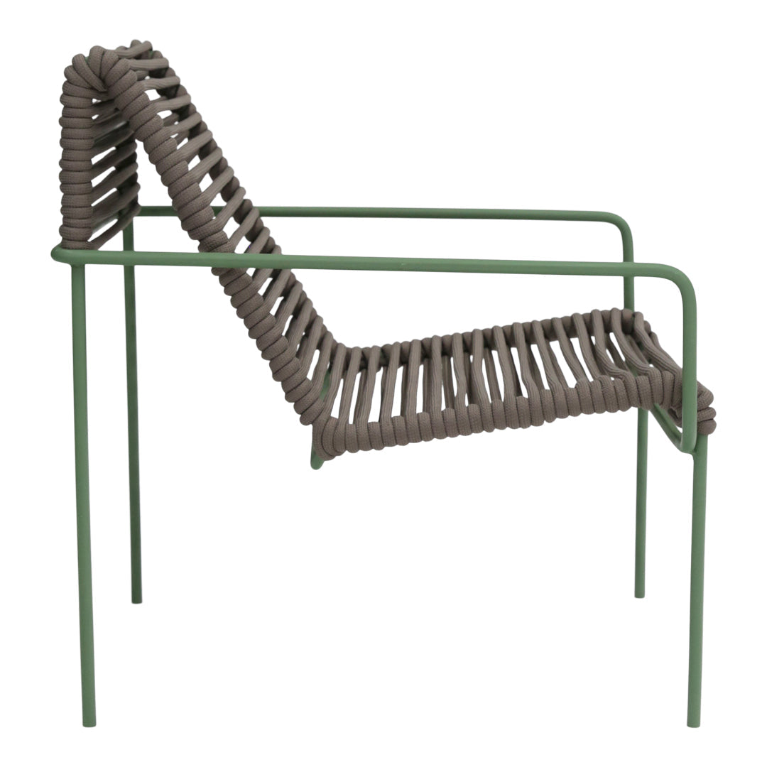 Green metal chair with a woven brown rope pattern, featuring a modern, minimalistic design. Ideal for outdoor use.