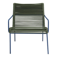 Green striped chair with blue metal frame, featuring a modern, sleek design and vibrant color contrast.