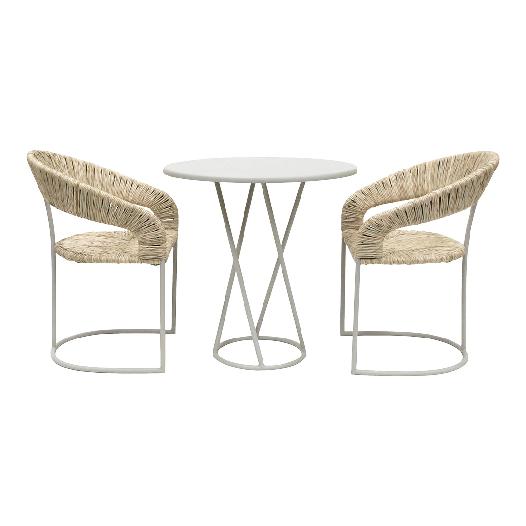 "Neutral-toned woven chairs with a sleek white round table, featuring minimalist design and natural textures."