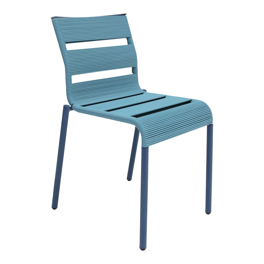 Blue striped chair with a modern design and contrasting blue metal legs. Ideal for outdoor or casual settings.