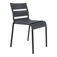 Modern black slatted chair with clean lines and a sleek design, perfect for contemporary spaces.