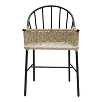 Black metal chair with a woven natural fiber seat, featuring a minimalist design and vertical slat pattern.
