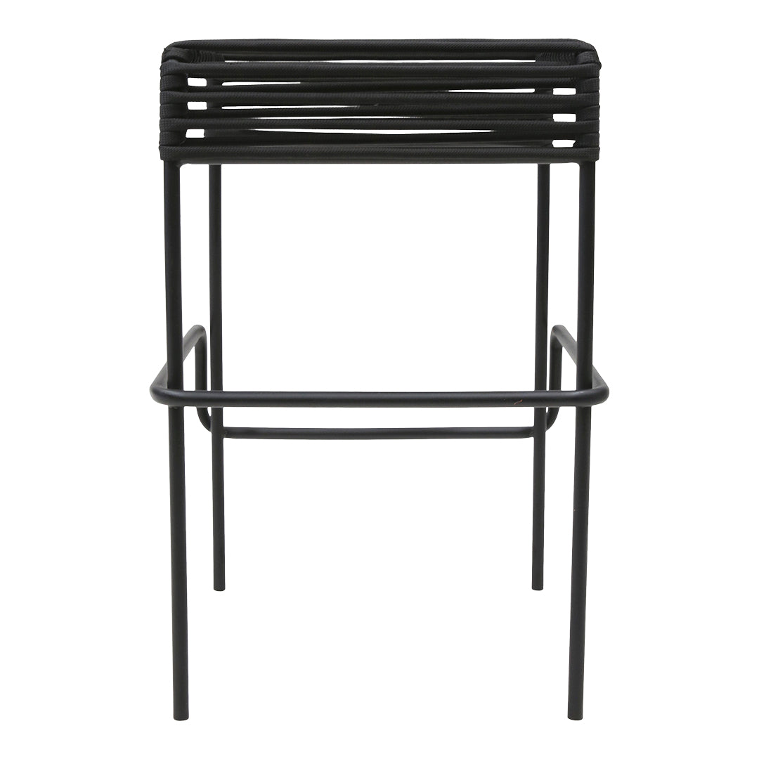Black metal bar stool with sleek, horizontal slat design and minimalist frame. Perfect for modern decor.