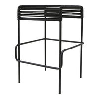"Minimalist black metal stool with striped pattern, perfect for modern decor."