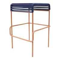 Navy blue slatted top with a coral pink metal frame, creating a modern, stylish contrast. Perfect for contemporary decor.