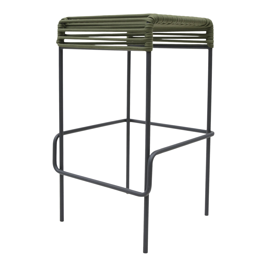 Olive green top with slatted design, black metal frame, modern and sleek bar stool.
