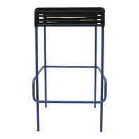 Black and blue metal stool with slatted top and minimalist design, perfect for modern spaces.
