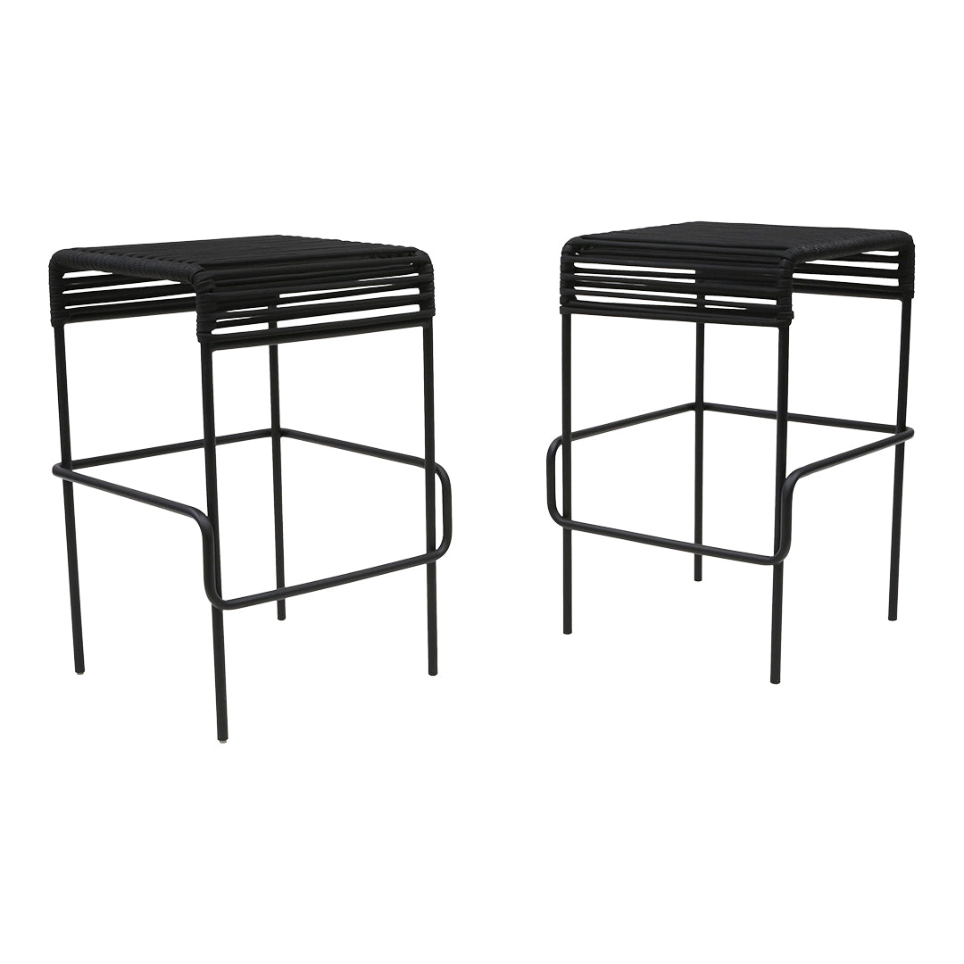 Black metal stools with a sleek, slatted design, featuring a modern, minimalist aesthetic. Perfect for any decor.