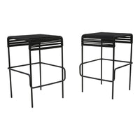 Black metal stools with a sleek, slatted design, featuring a modern, minimalist aesthetic. Perfect for any decor.