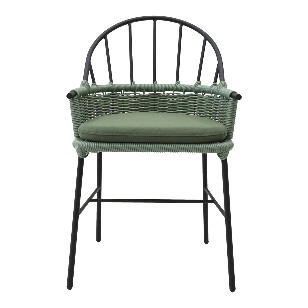 Green woven chair with a sleek black frame and curved backrest, perfect for modern decor.