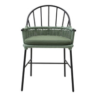 Green woven chair with a sleek black frame and curved backrest, perfect for modern decor.