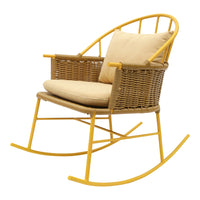 Yellow and natural woven rocking chair with a beige cushion, featuring a sleek, modern design and open-back pattern.