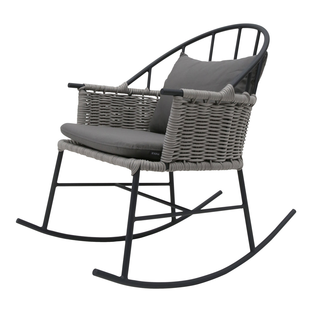 Gray woven rocking chair with a sleek black metal frame and a soft gray cushion for modern outdoor decor.