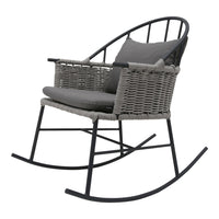 Gray woven rocking chair with a sleek black metal frame and a soft gray cushion for modern outdoor decor.
