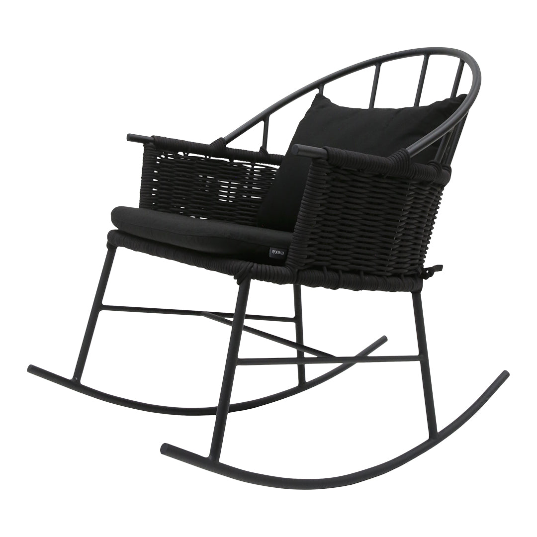 Black wicker rocking chair with a sleek design and soft black cushion, perfect for modern decor.