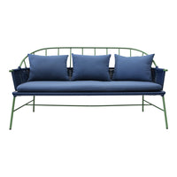 "3-seater sofa with a green metal frame and dark blue cushions, featuring a woven pattern on the backrest."