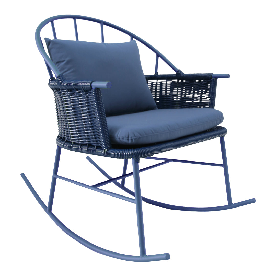 Navy blue rocking chair with a woven design and matching cushion, featuring a contemporary style.