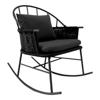 Black wicker rocking chair with sleek black cushions for a modern, minimalist look. Perfect for style and comfort.