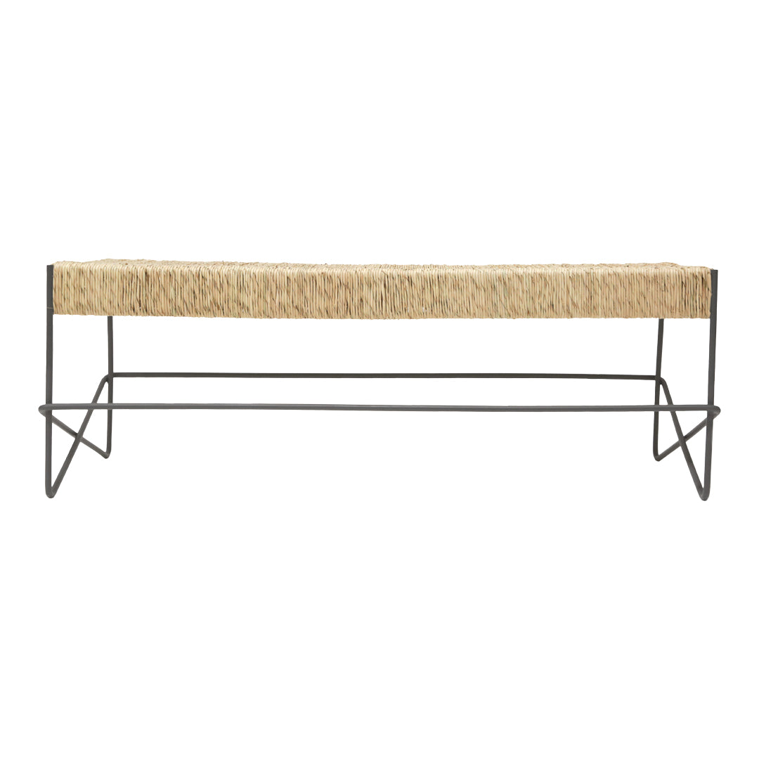 Natural beige seating with a textured, woven cushion and sleek black metal frame. Stylish and modern design.