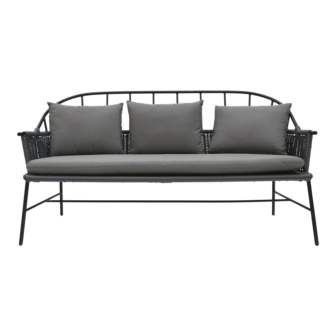 Black metal frame sofa with solid gray cushions and four matching throw pillows, featuring a minimalist design.