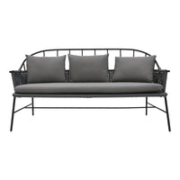 Black metal frame sofa with solid gray cushions and four matching throw pillows, featuring a minimalist design.