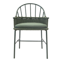 Green wicker chair with a round back and soft cushion, featuring a modern design and textured accents.