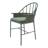 Green wicker chair with a curved back and soft gray cushion, featuring a sleek metal frame. Ideal for outdoor spaces.