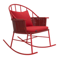 Vibrant red rocking chair with a woven design and soft cushion. Perfect for adding a pop of color to any space.