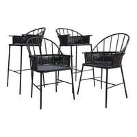 Set of four black woven chairs with minimalist design and open back pattern, perfect for modern decor.