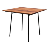 "Square wooden table with a rich brown wood grain surface and black metal legs."