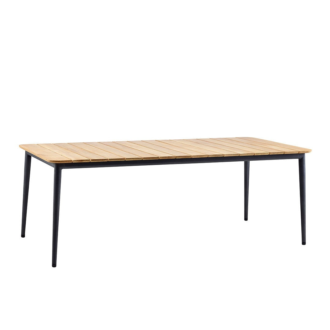 Rectangular table with a natural wood grain top and sleek black metal legs for a modern aesthetic.
