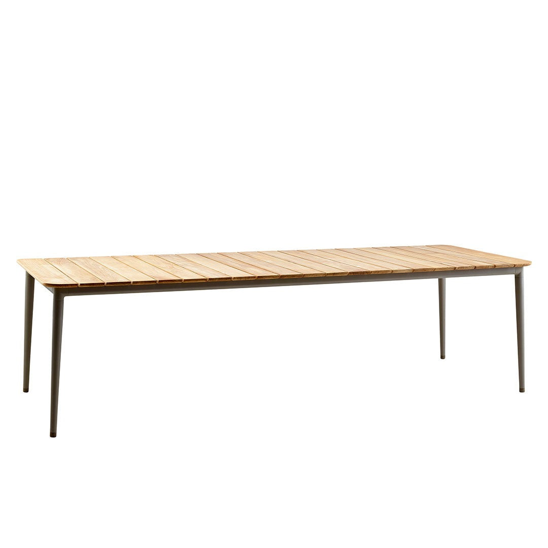 Natural wood tabletop with light brown slats and sleek black metal legs for a modern aesthetic.