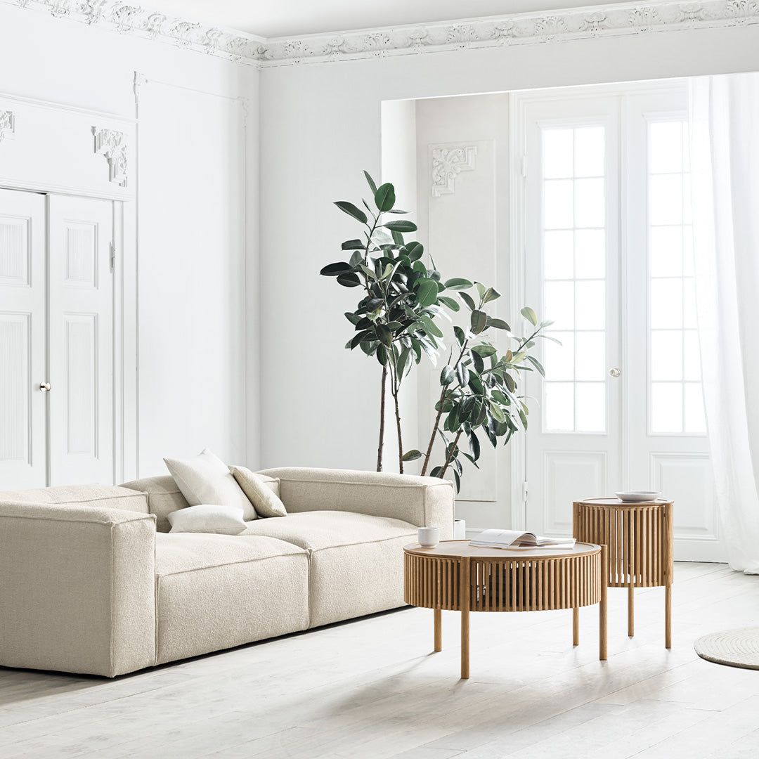 Beige sofa with soft lines, paired with natural wood coffee tables and lush green plants against a bright, airy backdrop.