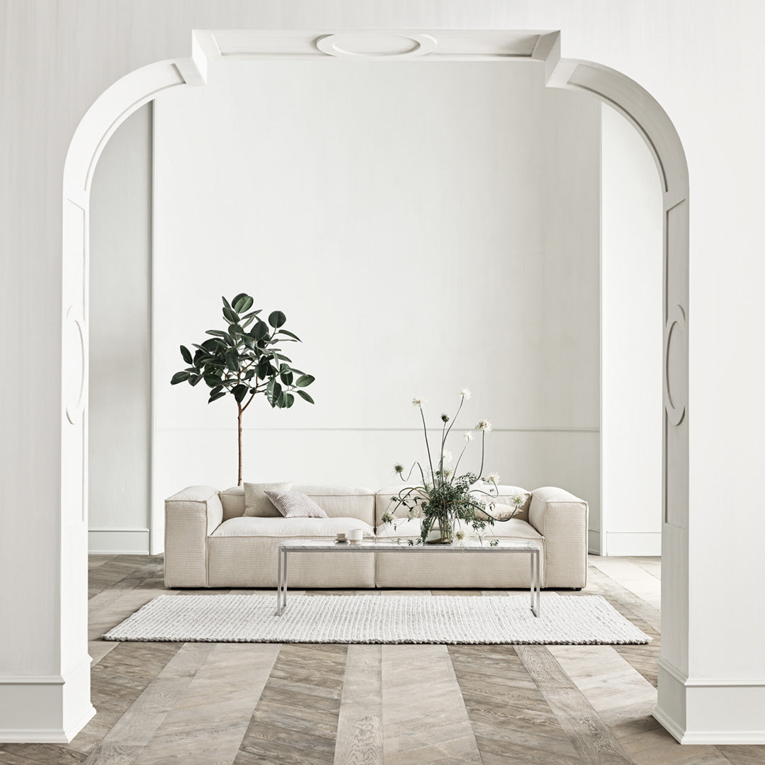 Beige sofa with soft texture, complemented by a light area rug and natural greenery against a white wall background.