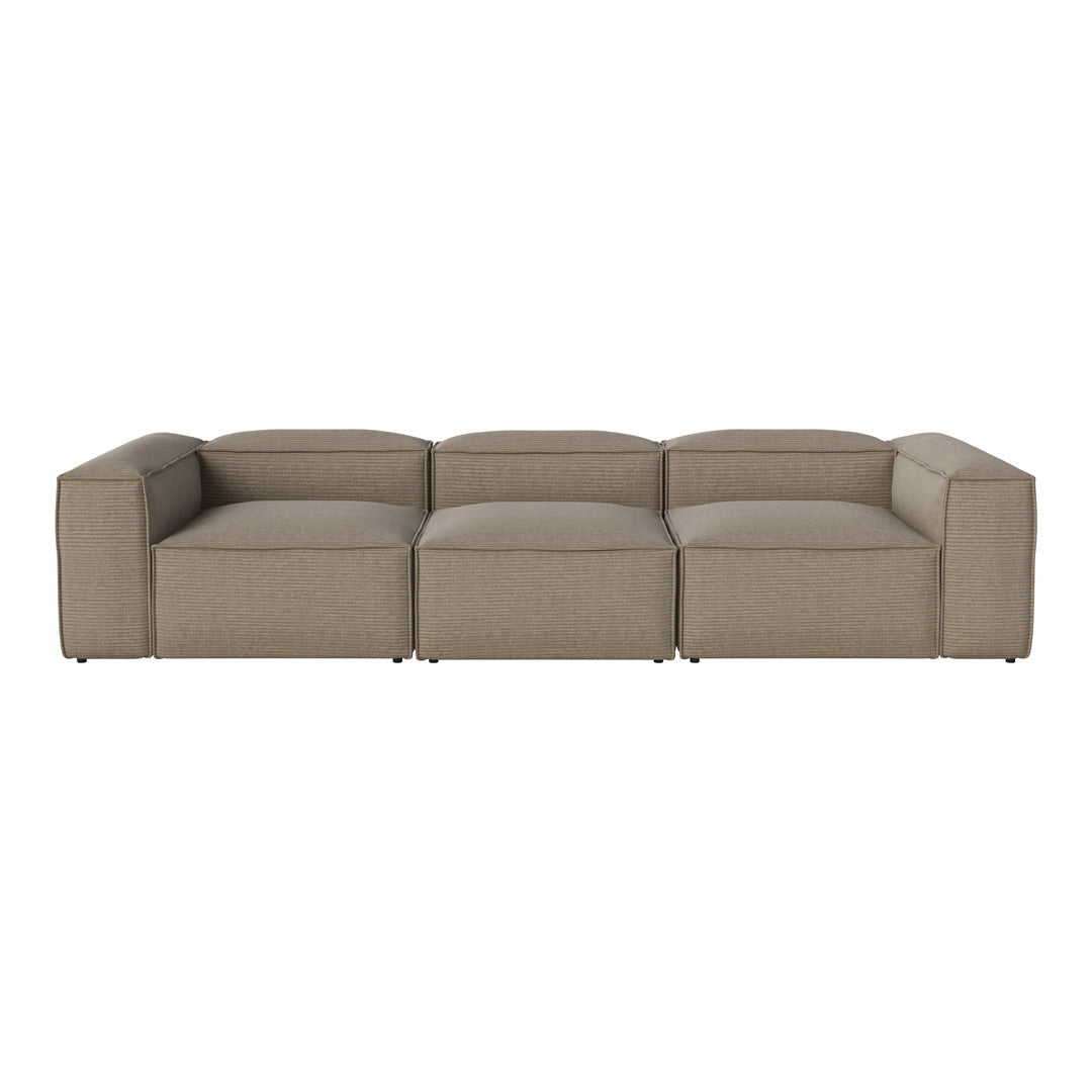 Tan modular sofa with a textured fabric and minimalist design, showcasing clean lines and a neutral color palette.