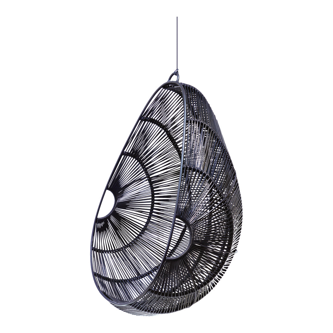 Black woven hanging pendant with intricate linear patterns and a teardrop shape, perfect for modern decor.