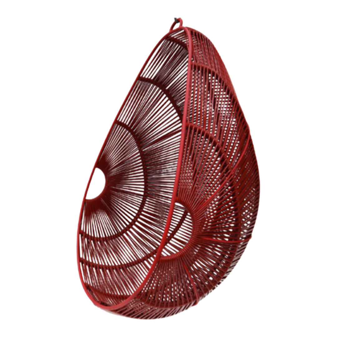 Red woven hanging basket with intricate circular patterns and a teardrop shape. Ideal for home decor.