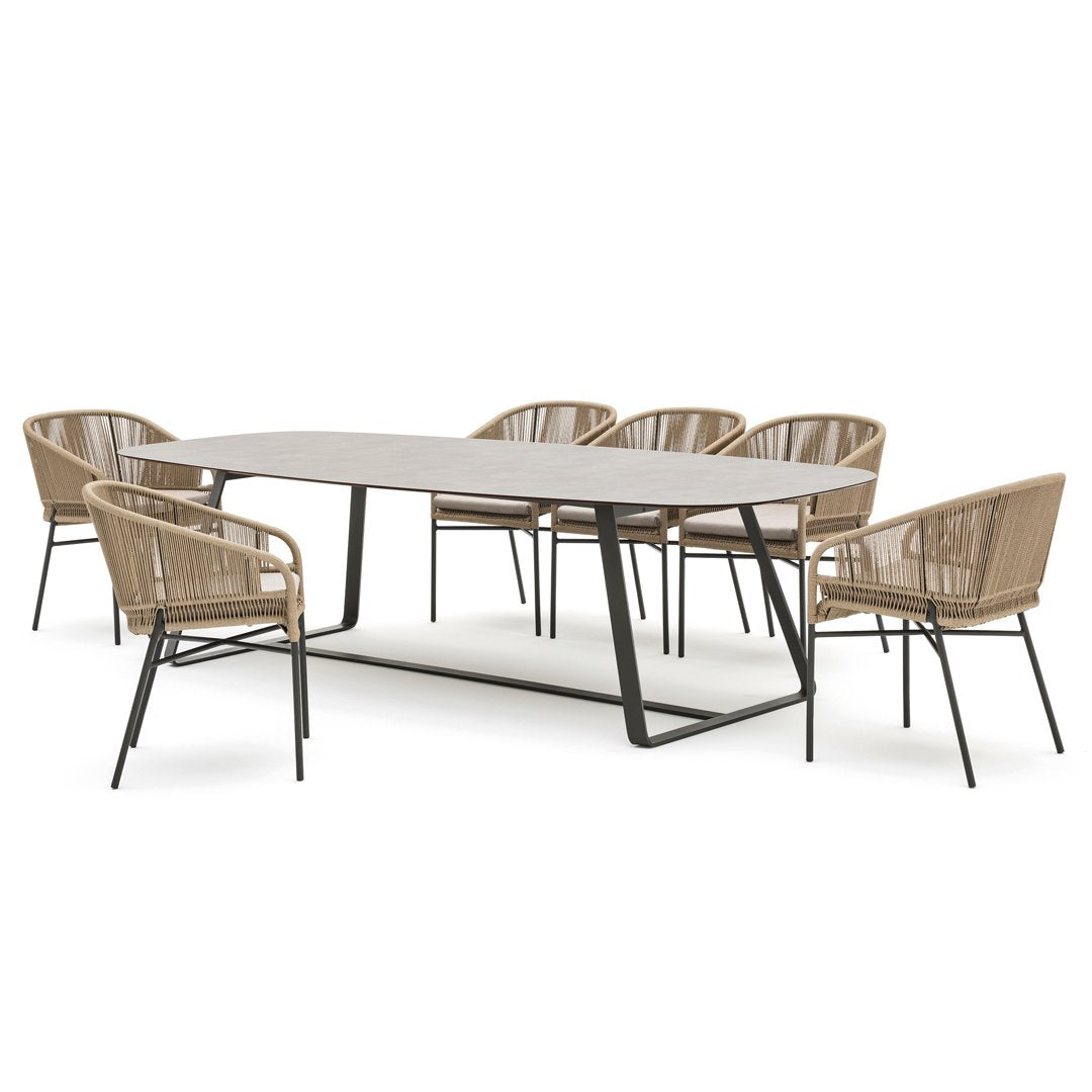 "Stylish outdoor dining set in neutral tones with woven rattan chairs and a sleek metal table."