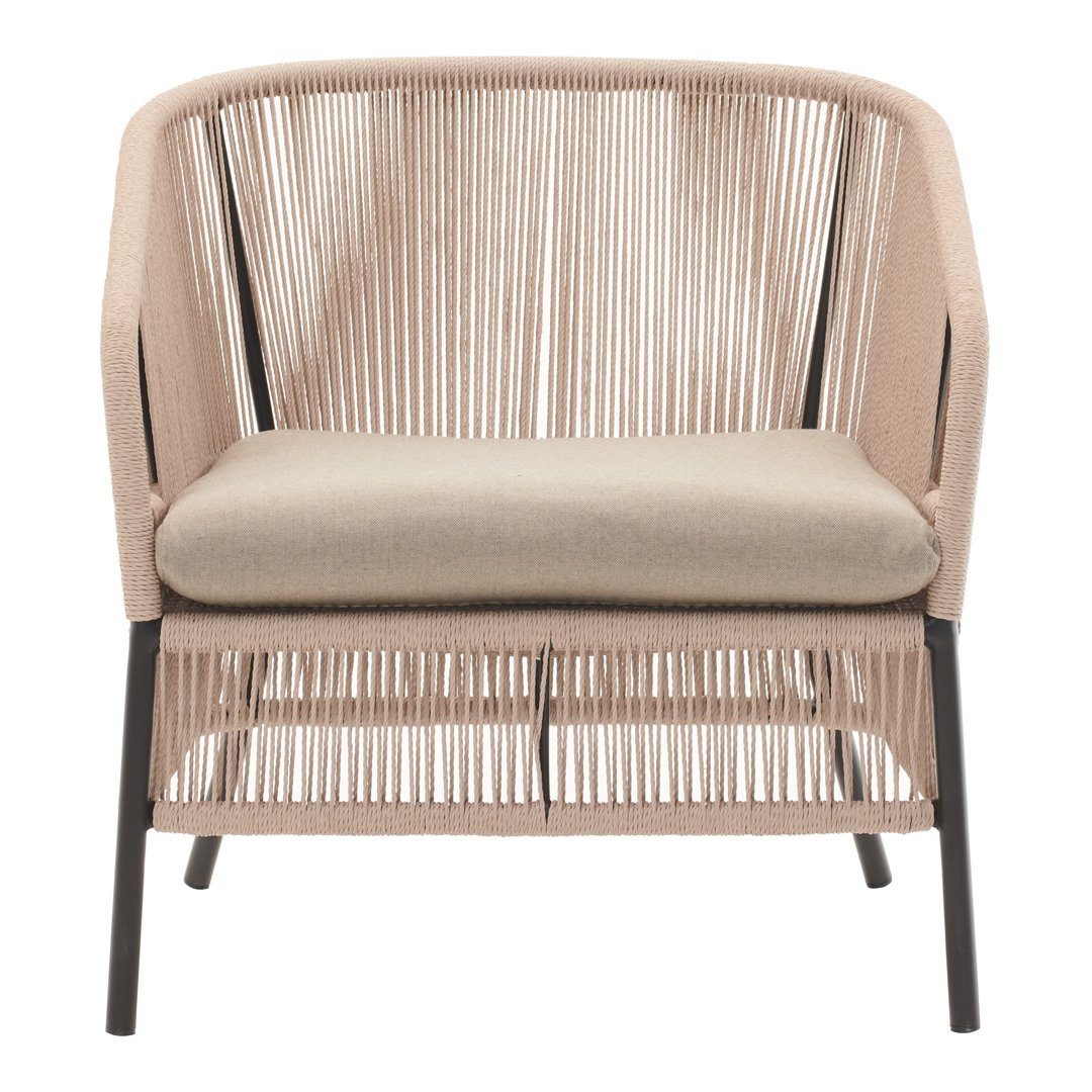 Beige woven chair with neutral cushion, featuring vertical strand pattern and black metal legs. Ideal for modern decor.